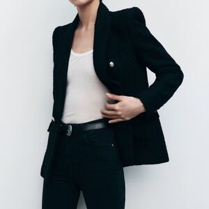 Zara double breasted blazer tweed black size XS